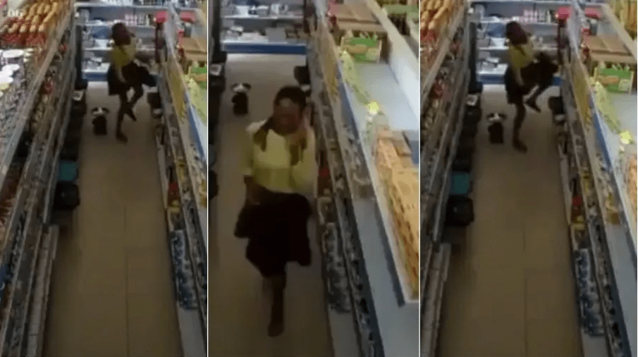 Woman caught on CCTV shoplifting and hiding item between her thighs (VIDEO)-Shame!