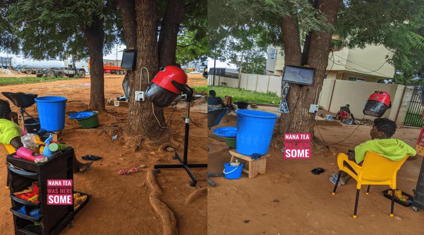 Viral PHOTOs of a lady who runs her salon business under a tree – Now this is being a real hustler.